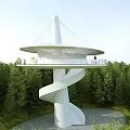 White Spiral Tower With Round Observation Deck And Cable Stayed Structure In Forest