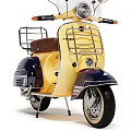 Vintage Style Motorcycle Yellow And Navy Blue With Brown Seat Metal Rack And Windshield