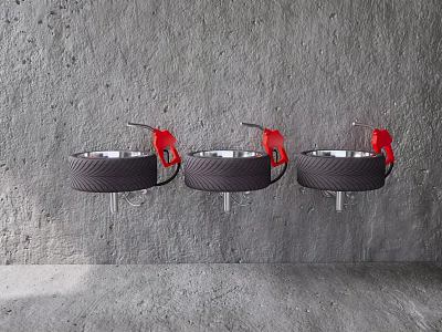 Three Black Tire Repurposed Washbasins With Red Faucets And Metal Brackets On Gray Textured Wall 3d model