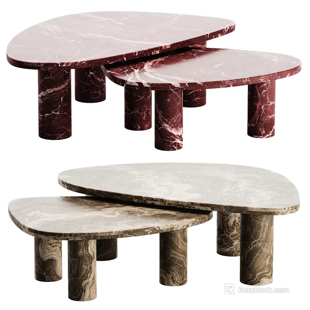 Modern Oval Dining Tables With Red And Beige Marble Tops And Legs 3d model 