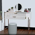 White Dressing Table with Gold Legs Round Mirror Cosmetics Decorative Items and Gray Stool 3d model