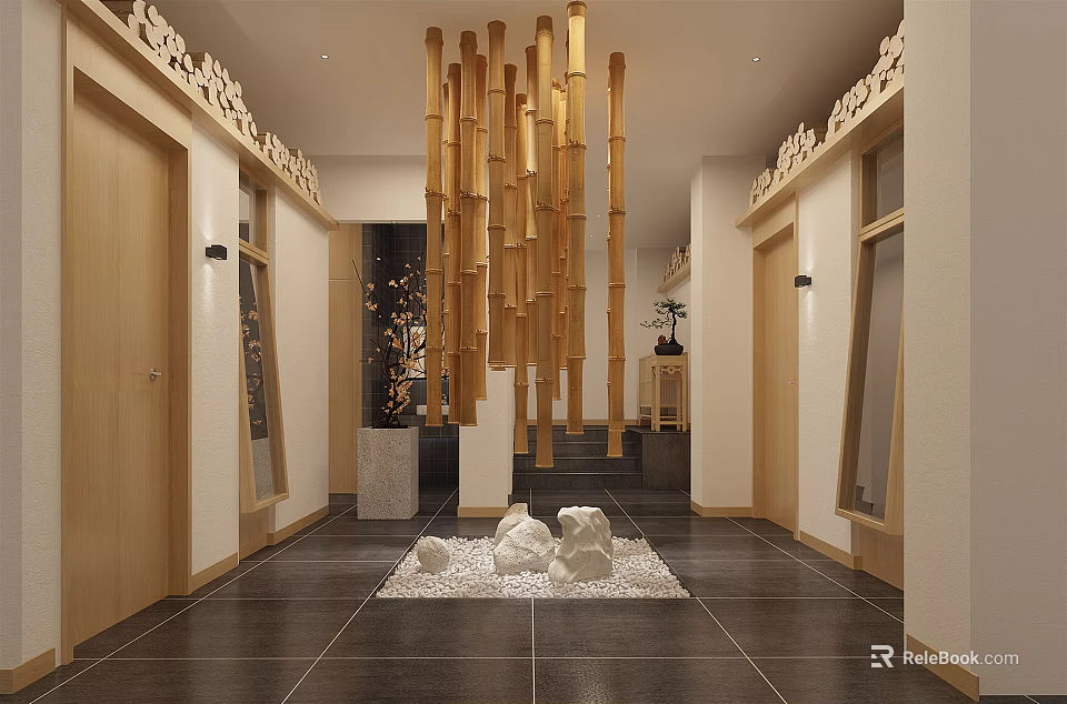 Serene Hotel Corridor Interior With Wooden Stick Chandelier Stone Arrangement And Polished Tiles 3d model 
