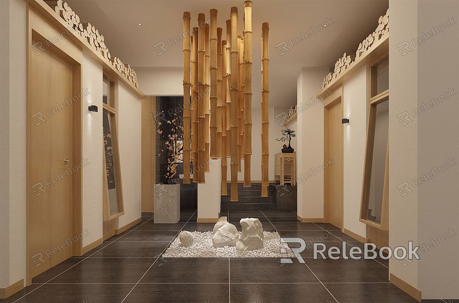 Japanese style aisle Japanese cuisine restaurant front hall bamboo pole bamboo cage chandelier stone model