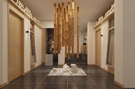 Japanese style aisle Japanese cuisine restaurant front hall bamboo pole bamboo cage chandelier stone 3d model