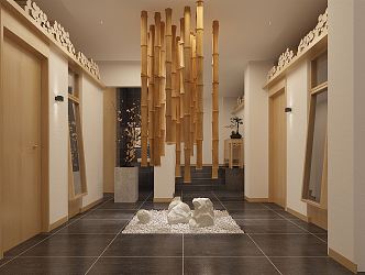 Japanese style aisle Japanese cuisine restaurant front hall bamboo pole bamboo cage chandelier stone 3d model