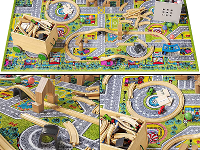 Square Kids Play Rug With Toy Train Tracks City Roads And Wooden Accessories 3d model