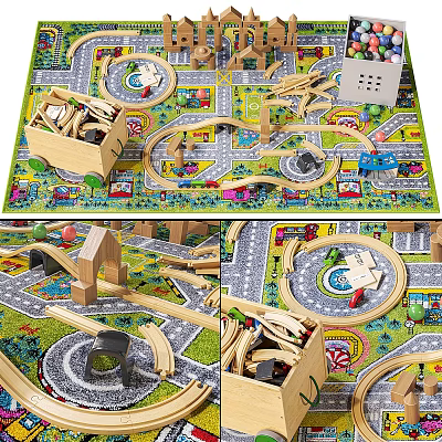 Square Kids Play Rug With Toy Train Tracks City Roads And Wooden Accessories 3d model