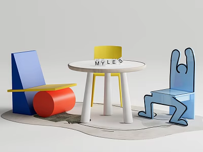 Creative Colorful Table And Chair Set With Yellow Blue Chairs And Round Table 3d model