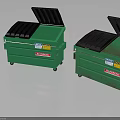 Two Green Waste Trash Bins with Open Lids and Warning Labels 3d model