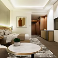 Modern Hotel Guest Room With King Bed Large Windows And Decorative Rug