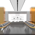 Modern Helmet Showroom With Curved Display Counters Yellow Pillars Wall Decorations And White Helmets