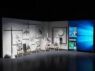 Exhibition Booth Interior With Multiple Easels Artworks Large Screen White Walls And Dark Floor 3d model