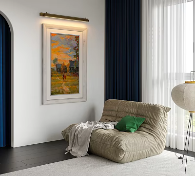 Cozy Beige Bean Bag Chair With Green Pillow Gray Blanket And Wall Painting In Bright Room 3d model