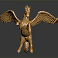 Golden Winged Horse Sculpture in Standing Pose with Dark Background Reflection