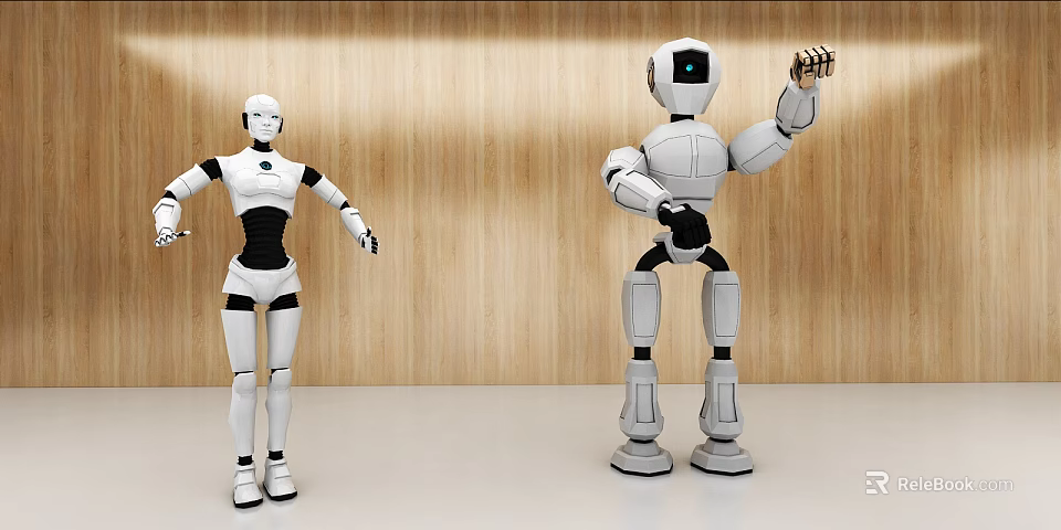 Two Smart Robots Standing With Different Poses in Room With Wooden Wall 3d model 