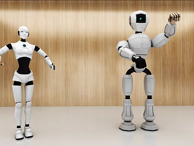 Two Smart Robots Standing With Different Poses in Room With Wooden Wall 3d model