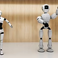 Two Smart Robots Standing With Different Poses in Room With Wooden Wall