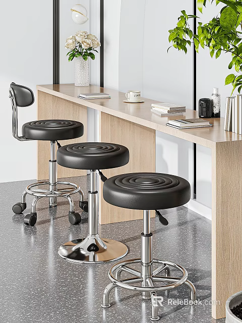 Modern Wooden Bar Counter With Black Swivel Bar Stools Notebooks Cup And Green Plant Decoration 3d model 