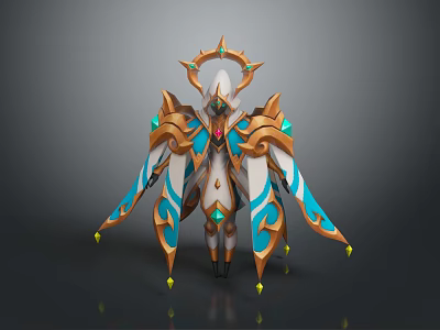 Elegant Divine Mythical Creature Character With Golden Blue Ornaments Horned Headpiece And Gemstone Wings 3d model