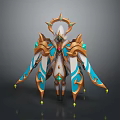 Elegant Divine Mythical Creature Character With Golden Blue Ornaments Horned Headpiece And Gemstone Wings