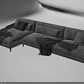 Modern L Shaped Sectional Sofa In Gray Fabric With Soft Pillows And Blanket