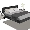 Modern Double Bed with Black Headboard White Pillows Gray Blanket Nightstands Lamp Clock and Plant