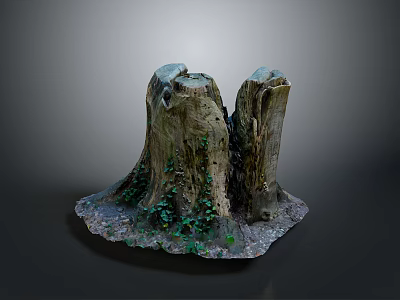 Rustic Wooden Stone Decorative Piece With Tree Stump Shape And Mossy Stone Base 3d model
