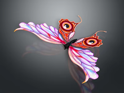 Artistic Decorative Butterfly Featuring Gradient Pink Purple Blue Wings Orange Edges Red Black Eye Patterns 3d model