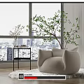 Beige Rounded Single Sofa On White Rug With Black Side Table And City View