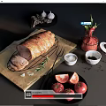 Fresh Roasted Meat Roll on Wooden Cutting Board with Rosemary Garlic and Fresh Tomatoes