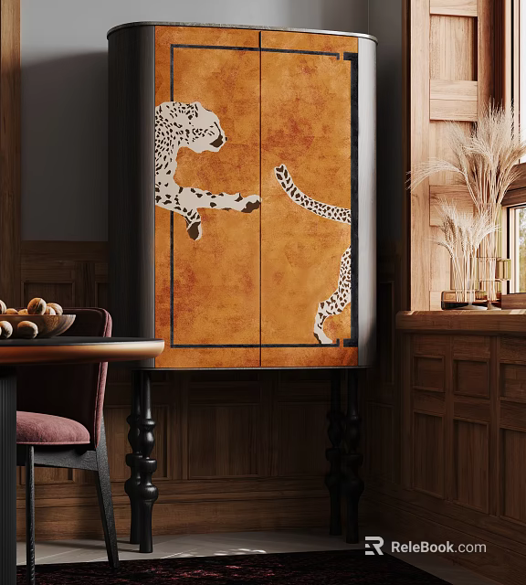 Chest of Drawers With Leopard Motif In Warm Wood Toned Room 3d model 