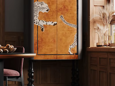 Chest of Drawers With Leopard Motif In Warm Wood Toned Room 3d model