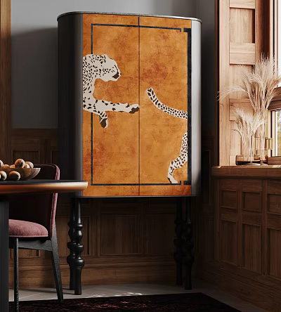 Chest of Drawers With Leopard Motif In Warm Wood Toned Room 3d model