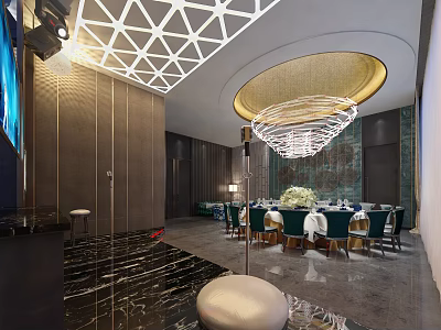 Elegant Modern Restaurant Interior With Chandelier Dining Table And Marble Floor 3d model