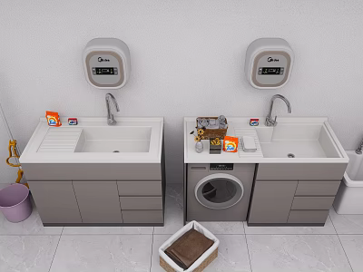 Practical Laundry Space Featuring Double Washbasins Hand Dryers Washing Machine And Cabinets 3d model