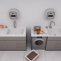 Practical Laundry Space Featuring Double Washbasins Hand Dryers Washing Machine And Cabinets
