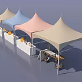 Outdoor Market Setup With Four Colorful Canopy Tents Beige Blue Pink And White Counters
