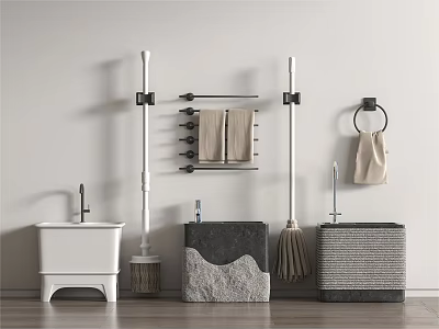 Modern Bathroom Cleaning Tools With Mop Broom Towel Rack And Sinks 3d model