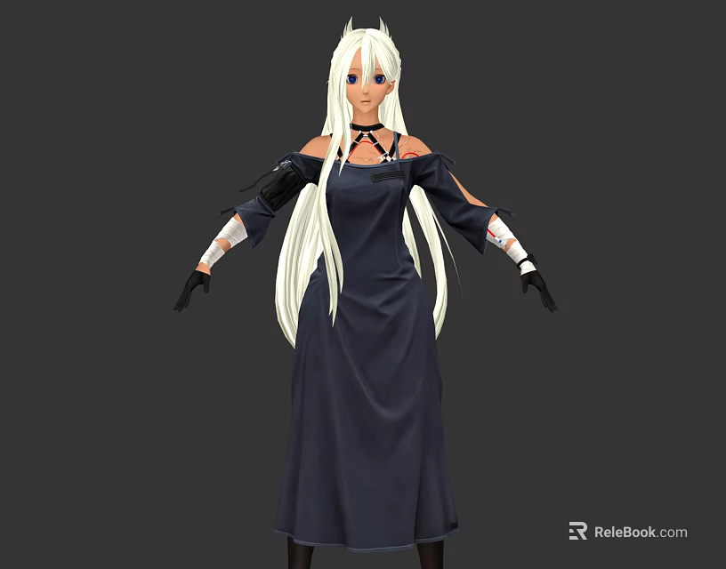 Game And Movie Character With Long White Hair Dark Dress And Black Gloves 3d model 