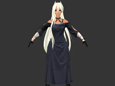Game And Movie Character With Long White Hair Dark Dress And Black Gloves 3d model