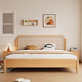 Wooden Double Bed With Woven Headboard Pillows Blanket Nightstand Table Lamp Window Blinds And Wall Art