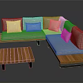 Modern Minimalist L Shaped Sofa With Wooden Coffee Table Footrest And Light Colored Cushions
