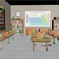 School Classroom With Colorful Periodic Table Poster Bookshelves Clock Cards Student Desks And Chairs
