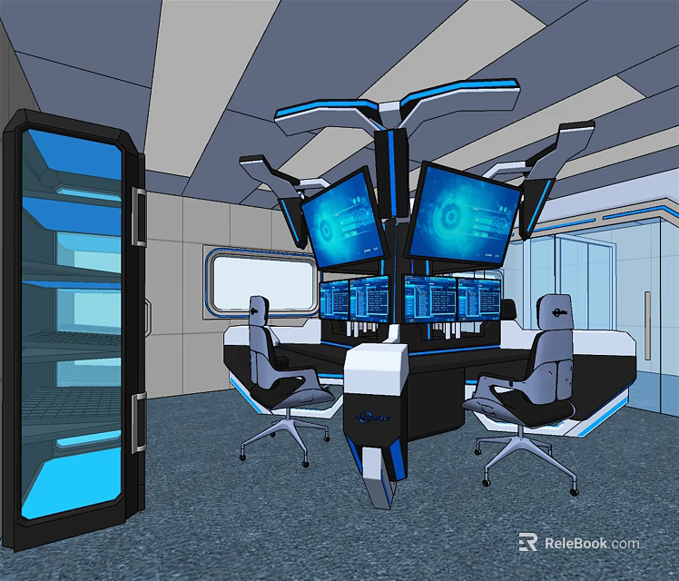 Public Office Space With Modern Tech Setup Dual Monitors Glass Door Cabinet And Open Layout 3d model 