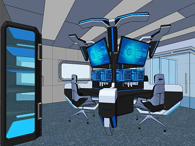 Public Office Space With Modern Tech Setup Dual Monitors Glass Door Cabinet And Open Layout 3d model