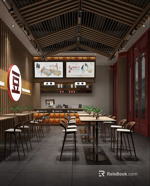 Traditional Restaurant Interior With Wooden Ceiling Counter Tables Chairs Screens And Green Plants 3d model 