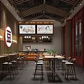 Traditional Restaurant Interior With Wooden Ceiling Counter Tables Chairs Screens And Green Plants