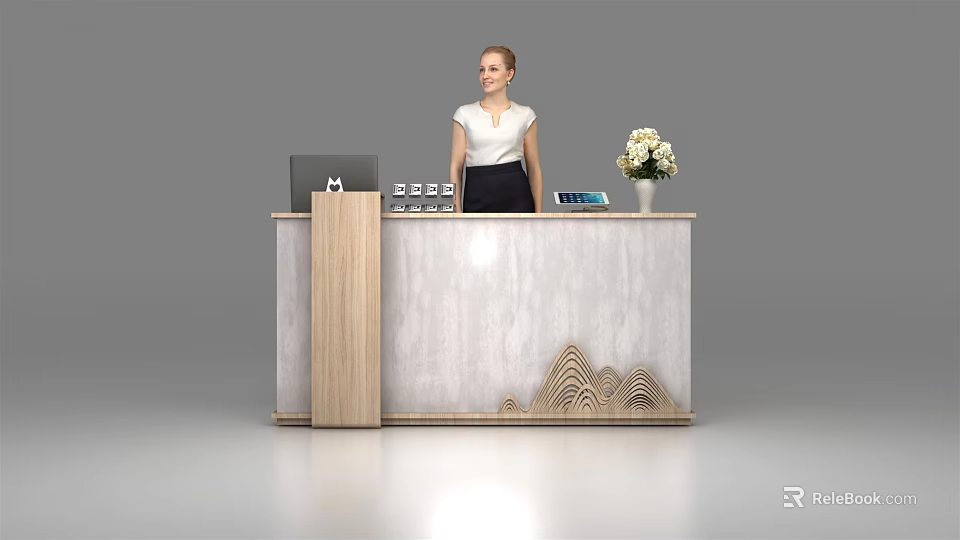 Modern Reception Desk With Receptionist Wooden Accents Marble Countertop Laptop And Flower Vase 3d model 