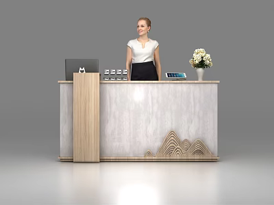 Modern Reception Desk With Receptionist Wooden Accents Marble Countertop Laptop And Flower Vase 3d model