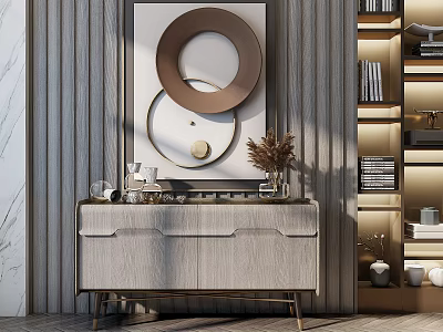 Elegant Console Table And Side Cabinet Interior With Artwork Decorative Items And Lighting 3d model